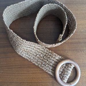 Tan Woven Belt with Wood Circle Buckle Belt